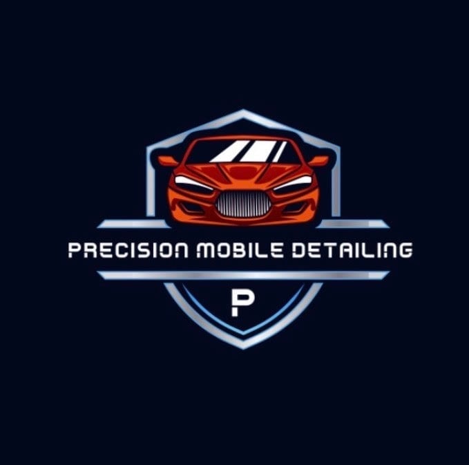 Precision Mobile Detailing logo featuring a red sports car front-view inside a shield badge on dark blue background